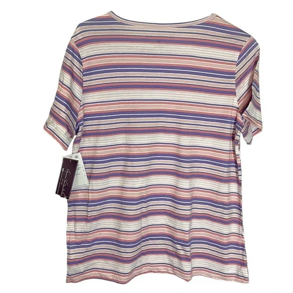 Gloria Vanderbilt Medium Pink Striped Amanda Tee Short Sleeve Crew Neck Preppy - Picture 2 of 8